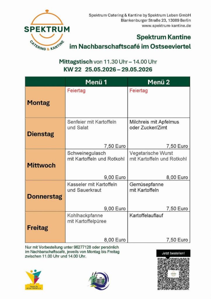 Speiseplan im Nachbarschaftshaus