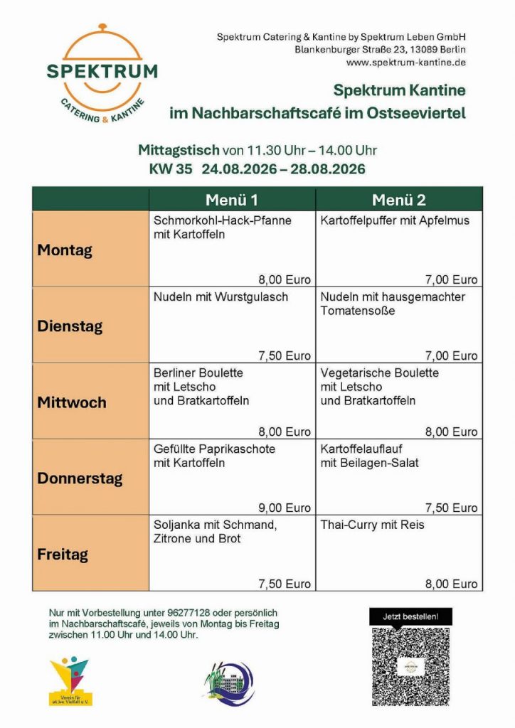 Speiseplan im Nachbarschaftshaus