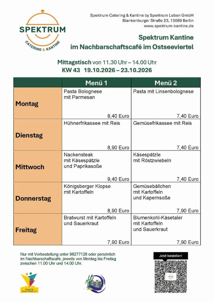 Speiseplan im Nachbarschaftshaus